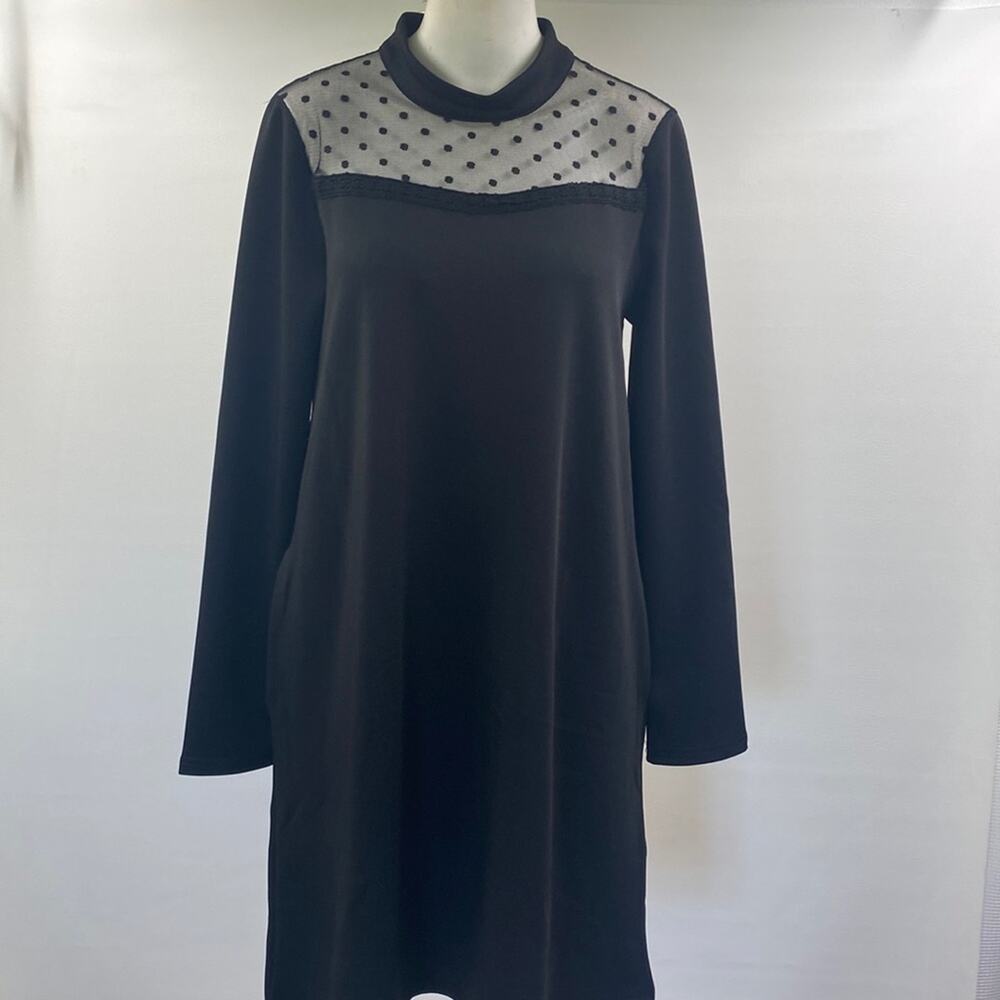 Suzanne Betro Dress Black Polkadot Sheer Neck Long‎ Sleeve Dress Sz M NWT